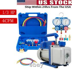 1/3 HP 4CFM Single Stage Air Vacuum Pump and R134a AC Manifold Gauge Set Kit USA