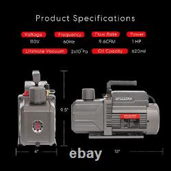 110V 9.6 CFM 1 HP Dual-Stage Rotary Vane HVAC Air Vacuum Pump with Oil Bottle