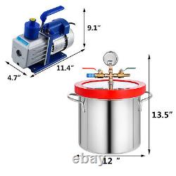 2 Gallon Vacuum Chamber 5CFM Vacuum Pump 2 Stage Deep Vane Manifold Degassing