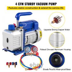 4CFM 1/4HP Rotary Vane Vacuum Pump HVAC Refrigerant Single Stage AC Gauge Set