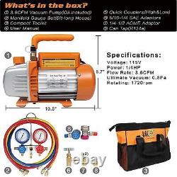 AC Repair Tool Kit R12/R22/R134a/R407a Mini Split/HVAC/AUTO 3.6CFM Vacuum Pump
