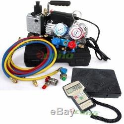 HVAC A/C REFRIGERANT AC KIT WithVACUUM PUMP, R134A R12 MANIFOLD GAUGE SET & SCALE