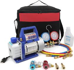 HVAC AC Repair Complete Tool Kit with 3Cfm 1/4HP Vacuum Pump, Manifold Gauge Set