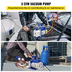 Manifold Gauge set Combo 3 CFM Air Vacuum Pump HVAC + R134A Kit AC A/C