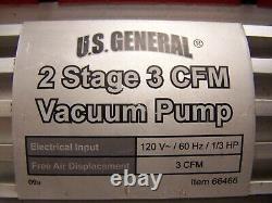 NEW US GENERAL 2 STAGE 3 CFM VACUUM PUMP 120V 1/3 HP 10 oz OIL CAPACITY 66466