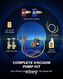 OMT HVAC Vacuum Pump Automotive AC Gauge Set with Hoses Adapters Case 1/3HP 4cfm