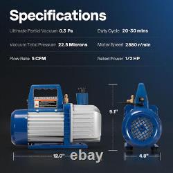 1/2 HP 5CFM Pompe à vide HVAC à 2 étages & Ensemble de manomètre AC à 4 voies avec tuyaux de 5 pieds