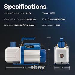 Pompe à vide HVAC 14,4 CFM 1,5 HP 2 étages et ensemble de manomètre AC à 4 voies avec tuyaux de 5 pieds