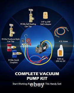 Pompe à vide Tech AC et ensemble de manomètre, pompe à vide 1/4 Hp 3,5 Cfm et kit de manomètre de collecteur