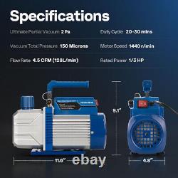 Pompe à vide à air 4,5 CFM 1/3 HP Ensemble de manomètres pour réfrigération AC avec moteur sans étincelle